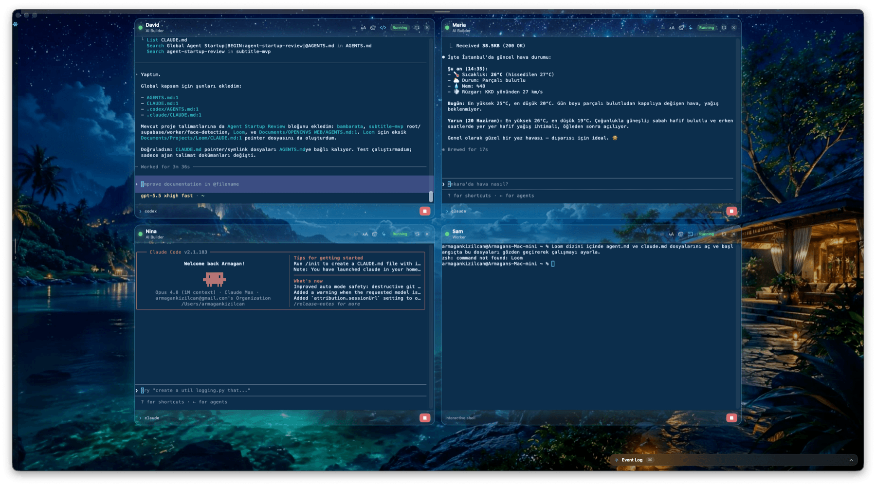 Open Canvas app window showing AI worker panels on a shared canvas
